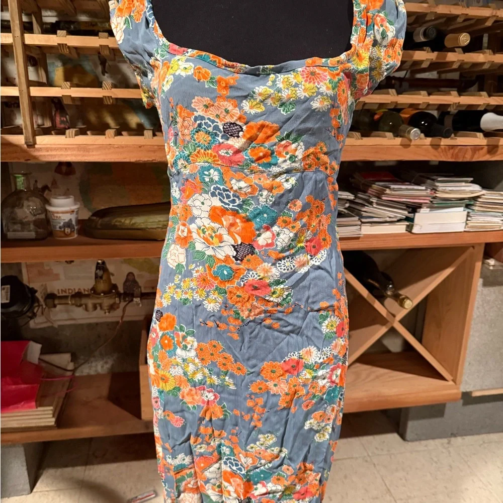 Free People Y2K Tie-up Back Floral Dress in Blue and Orange - Picture 4 of 7